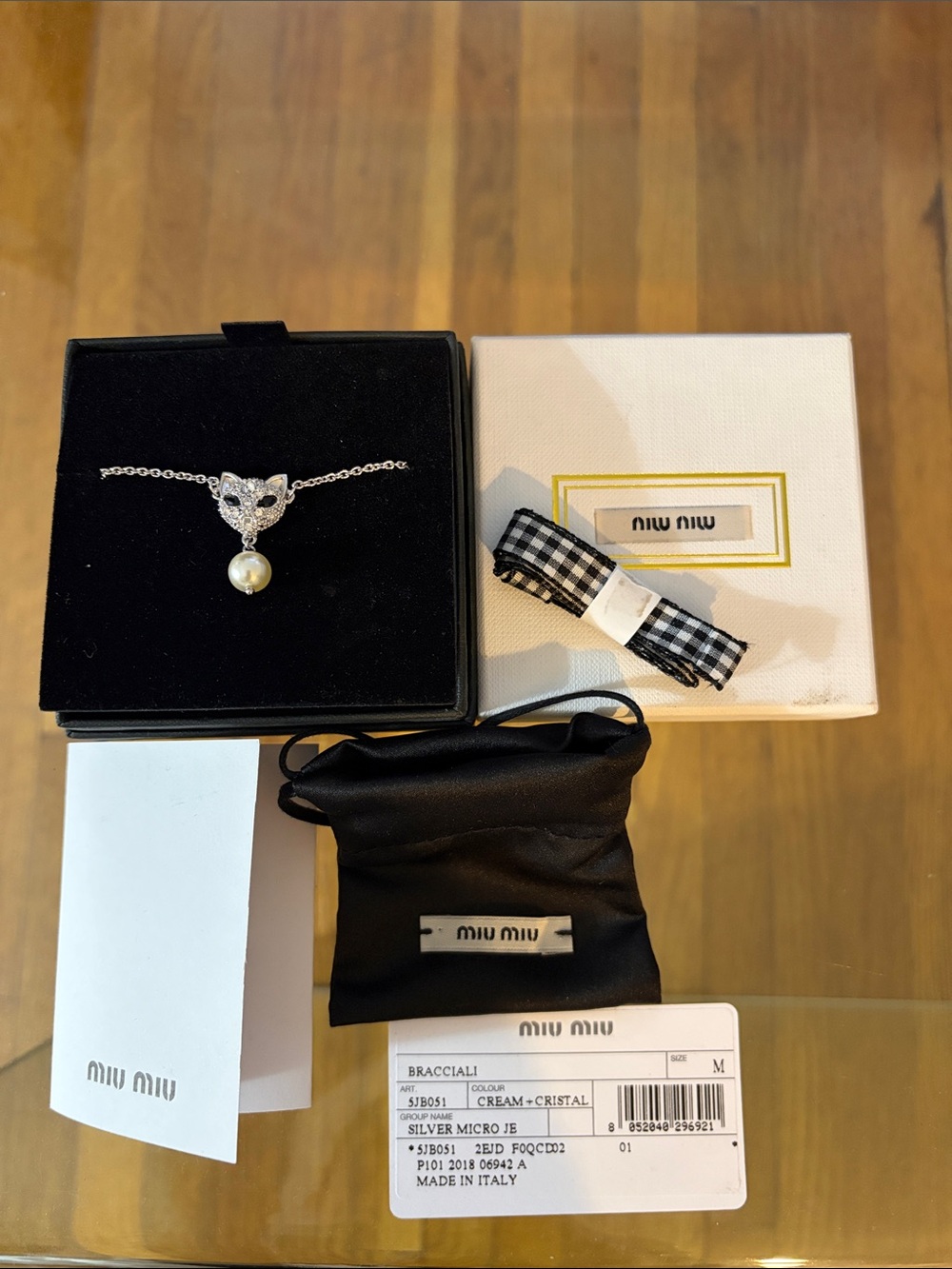 Miu Miu Silver Cat Pearl Charm Bracelet